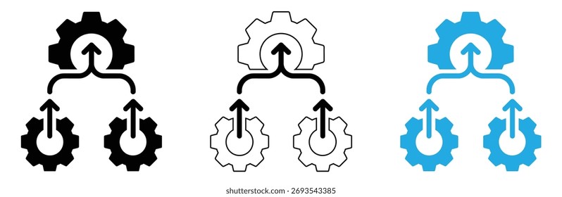 Ícones de integração de processo e otimização de fluxo de trabalho com engrenagens e setas,Conceito de otimização, processo de trabalho. ícone de vetor isolado no fundo branco,Ícone de mecanismo de engrenagem isolado no fundo branco