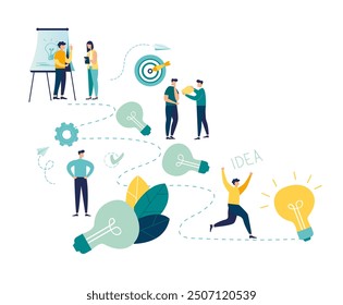 process inventing new idea. path of creating idea of ​​light bulb point on the way to success. Business plan strategy for introducing innovations in company. Team Work Vector Info graphics Business