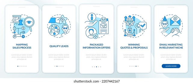 Process of lead conversion blue onboarding mobile app screen. Walkthrough 5 steps editable graphic instructions with linear concepts. UI, UX, GUI template. Myriad Pro-Bold, Regular fonts used
