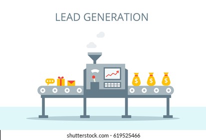 Process of leads production on the conveyor belt. Marketing concept in flat style. Lead generation vector concept.