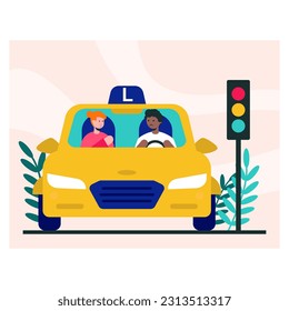 Process of learning to drive. Student learns to drive car under supervision of instructor. Individual lessons with teacher. Driving school practice. Vector