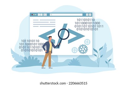 Process of learning IT, programming in binary code, understanding of computer language. Computational system or technology, software development or coding. Vector cartoon flat concept