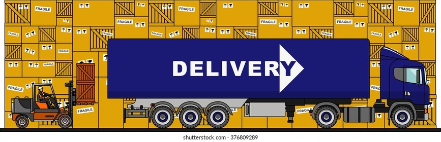 The process of loading with forklift, truck, van and boxes isolated on white background in flat style. Vector illustration.