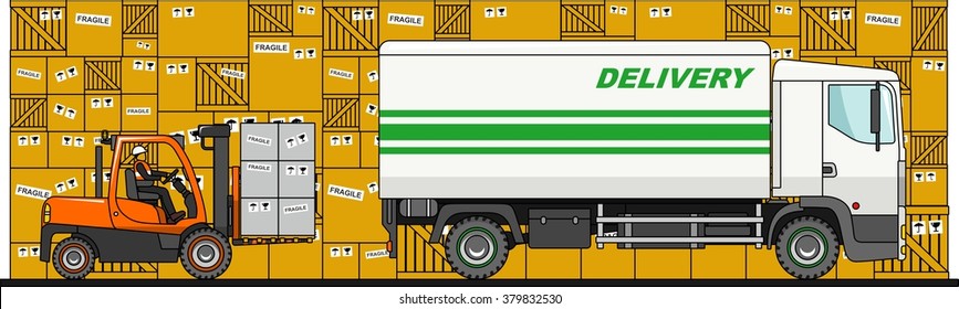 The process of loading with forklift, truck, van and boxes isolated on white background in flat style. Vector illustration. Forklift load boxes into a truck.