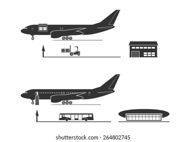 The process of loading and unloading of the aircraft. Vector illustration.