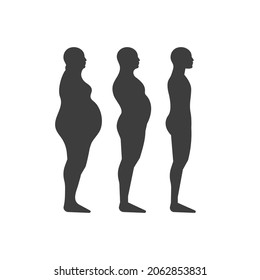 Process of losing weight. Three male black silhouettes isolated on white background. Weight loss. Fat. Comparison of body before and after weight loss. Vector illustration