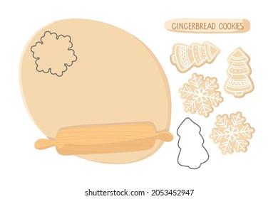 Process of making Christmas gingerbread. Dough with chipping, cookie molds, Christmas tree and snowflakes cookies. Winter Holiday symbol homemade Christmas pastrie. Flat vector isolated on white