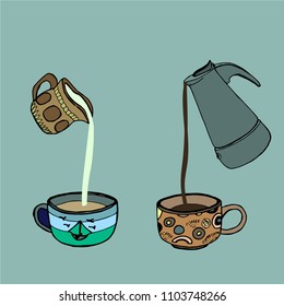 The process of making coffee: pouring coffee and milk from coffeemaker and saucer in bright cups