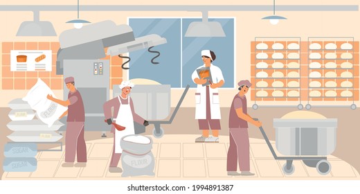 The process of making dough in a bakery factory flat vector illustration