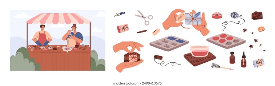 The process of making handmade soap. Vector banner demonstrating the making of soap from mixing to selling at a market stall. Natural soap depicted in a cartoon flat style on an isolated background.