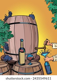 The process of making wine and drinking it. A man pours a bottle of liquid from a barrel of grapes. Alcoholic drinks with incredible taste for a restaurant. Comic cartoon pop art retro vector