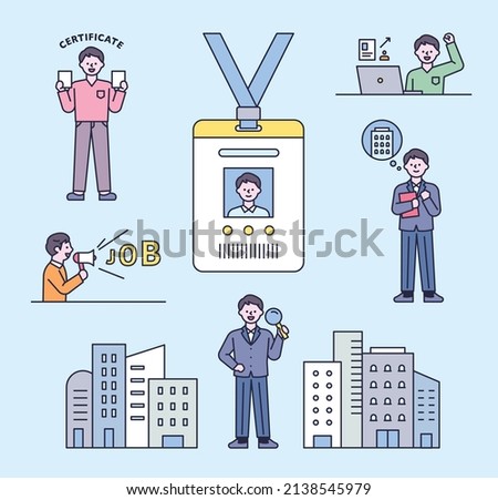 The process of a man searching for a company, applying for a job, and getting a job. outline simple vector illustration.