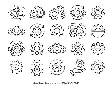 Process management icon set in flat. Transmission gear wheel with arrow Agile process thin line icons Technology sign, engine symbol Optimization operation. Vector illustration for graphic design, web