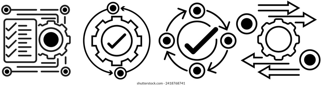 Process management icon set. Optimization operation. Transmission gear wheel with arrow Agile, Process icons in maintained flat style on white. Process black symbols for your web site design, app, UI.