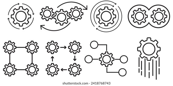 Process management icon set. Optimization operation. Transmission gear wheel with arrow Agile, Process icons in maintained flat style on white. Process black symbols for your web site design, app, UI.