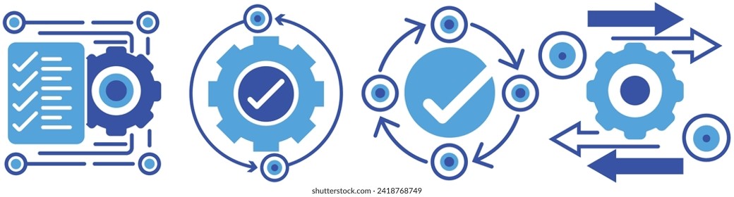 Process management icon set. Optimization operation. Transmission gear wheel with arrow Agile, Process icons in maintained flat style on white. Process black symbols for your web site design, app, UI.