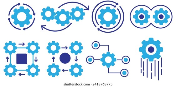 Process management icon set. Optimization operation. Transmission gear wheel with arrow Agile, Process icons in maintained flat style on white. Process black symbols for your web site design, app, UI.