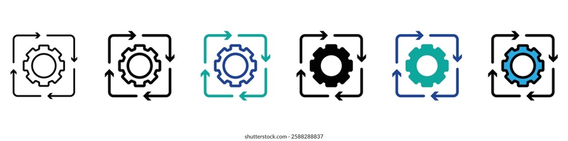 Process management icon set. Optimization operation. Transmission gear wheel with arrow Agile process thin line icons in flat style Technology sign, engine symbol isolated on white Vector illustration