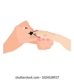 Process of manicure, hands. Manicurist paints nails to client. Vector illustration