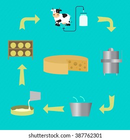 Process for manufacturing cheese. Scheme showing the process of making cheese. From milking the cow to the process of pasteurization and maturing cheese.