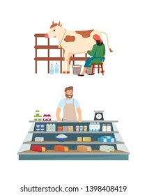Process of milk production vector, milkmaid with cow and bottles on farm isolated person selling diary products cheese and ingredients on shelves