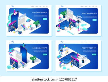 Process of mobile app development. Isometric web page templates suitable for web graphic design. Easy to ?ustomize and edit. Graphic illustrations showing team of developers working on application.