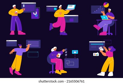 Process of mobile and web app development, computer software, digital interfaces. Vector flat illustration of people developers programming application on laptops