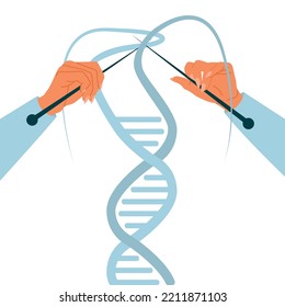 Process of molecular cloning, editing modification dna, laboratory of anatomical genes. Hands knitting molecule. Future microbiology and biochemistry technologies. Vector cartoon concept