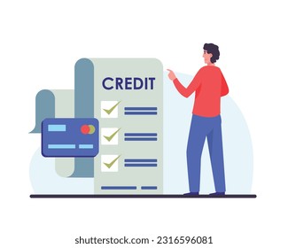 Process of obtaining loan. Young male taking out online loan from bank. Borrower filling out and submitting credit application form. Flat vector illustration