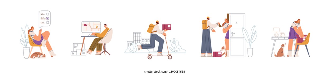 Process of online order and delivery by steps. People choosing, confirming, delivering, getting and unpacking purchase. Stages of e-commerce service. Flat vector illustration isolated on white