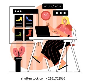 Process of online order. Girl at computer chooses her goods, online shopping and home delivery.Modern technologies and digital world, clothing store or market. Cartoon flat vector illustration