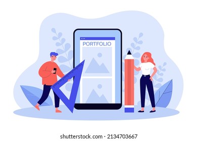 Process of online portfolio creation by artists. Tiny man and woman creating content with tools flat vector illustration. Service, art project concept for banner, website design or landing web page