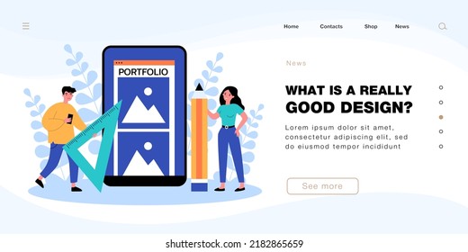 Process of online portfolio creation by artists. Tiny man and woman creating content with tools flat vector illustration. Service, art project concept for banner, website design or landing web page
