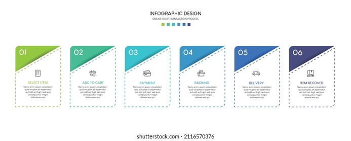Process of online shopping with 6 steps. Steps business timeline process infographic template