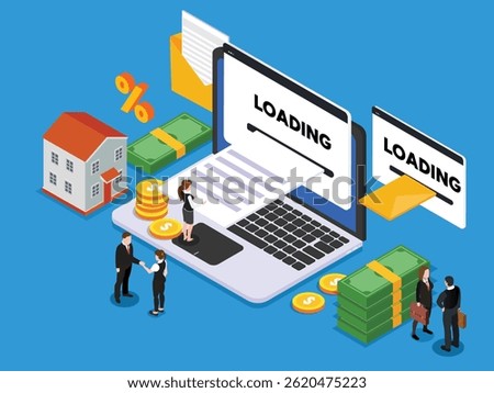 process of online tax filing and declaration with a large laptop showing a loading screen for document submission 3d isometric illustration