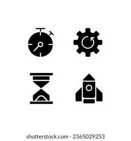 Process and operation black glyph icons set on white space. Download update. Loading time. Launching website. Silhouette symbols. Solid pictogram pack. Vector isolated illustration