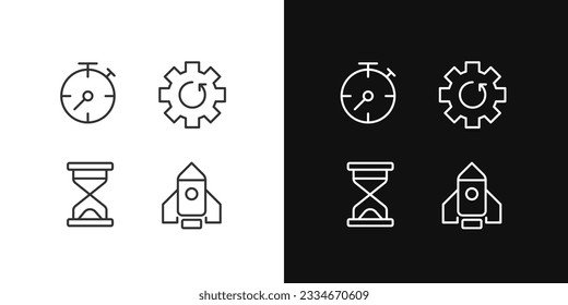 Process and operation pixel perfect linear icons set for dark, light mode. Download update. Launching website. Thin line symbols for night, day theme. Isolated illustrations. Editable stroke