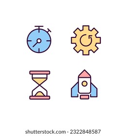 Process and operation pixel perfect RGB color icons set. Download update. Loading time. Launching website. Isolated vector illustrations. Simple filled line drawings collection. Editable stroke