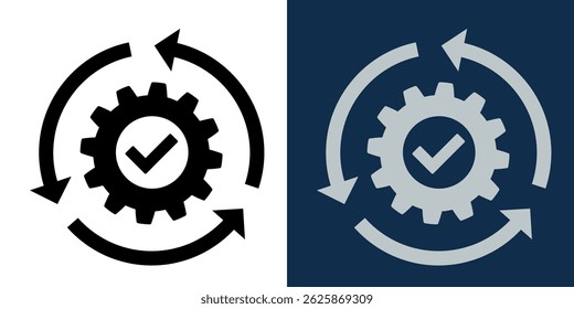 Process Optimization Gear with Recycle Arrows and Check Mark Icon. Automation Efficiency Loop Symbol for Workflow and Quality Assurance.