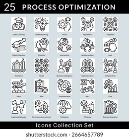 Process Optimization icon set collection in outline style. an icon pack contain vision, hypothesis, alignment, higher education, proactive, intervention, decision making, audit, resistance, target
