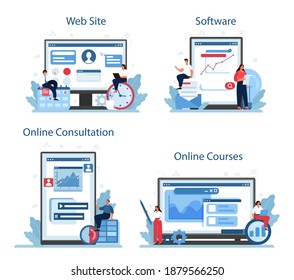 Process optimization online service or platform set. Idea of business project improvement and development. Effective team work. Online course, software, consultation, website. Flat vector illustration