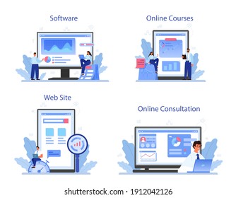Process optimization online service or platform set. Idea of business improvement and development. Schedule or project planning. Online consultation, course, website. Isolated flat vector illustration