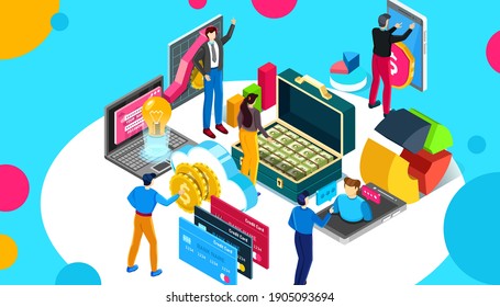 process optimization and teamwork, people work on solving everyday problems and tasks. Vector isometric illustration.