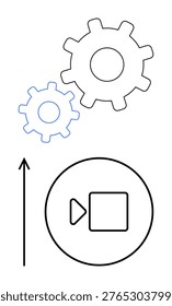 Process optimization, technology, video production, workflow improvement, automation, industrial systems. Two interlocking gears, a play symbol in a circle and upward arrow. Process optimization