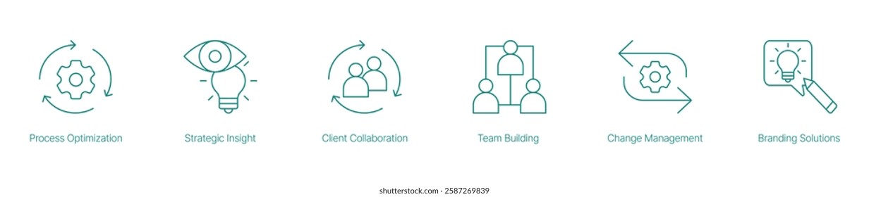 Process Optimization Vector Icon Set for Strategic Insight Client Collaboration Team Building Change Management and Branding Solutions