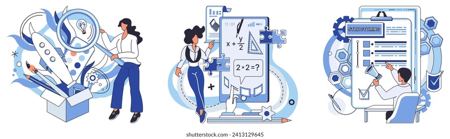 Ilustración vectorial de optimización de procesos. Innovación e inteligencia impulsan conceptos efectivos de optimización de procesos El progreso en el negocio se logra a través de métodos de mejora continua