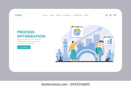 Process Optimization web or landing page. Refining operations for peak efficiency. Strategic use of analytics and workflow design. Flat vector illustration.