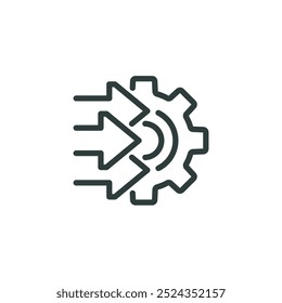 Process optimize, tech efficient production, innovation industrial technology outline icon. Line sign gear and three arrows. Vector isolated pictograms on white background editable stroke.