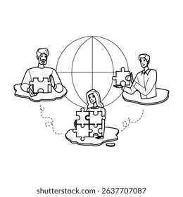 process outsourcing vector. company hr, office computer, technology network process outsourcing character. people black line pencil drawing illustration