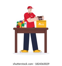 Proceso de envasado de pedido de alimentos en línea para entrega, ilustración de vectores de dibujos animados aislados en fondo blanco. El hotel ofrece un servicio de restaurante y de supermercado con conexión a internet.